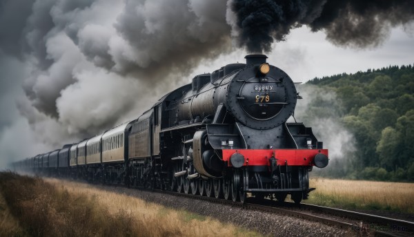 outdoors,sky,day,cloud,tree,military,no humans,cloudy sky,grass,ground vehicle,nature,motor vehicle,forest,smoke,military vehicle,tank,vehicle focus,caterpillar tracks,railroad tracks,scenery,science fiction,field,train