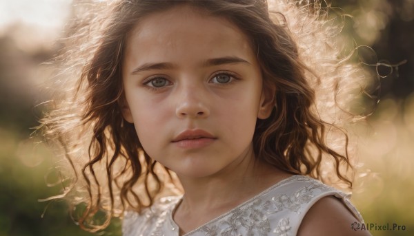 1girl,solo,long hair,looking at viewer,brown hair,hat,closed mouth,upper body,parted lips,sleeveless,artist name,blurry,lips,grey eyes,depth of field,blurry background,wavy hair,expressionless,portrait,freckles,curly hair,realistic,nose,straw hat,dress,brown eyes,outdoors,floating hair,sunlight,wind,messy hair,close-up,bokeh