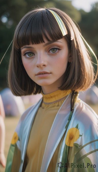 1girl,solo,looking at viewer,short hair,bangs,brown hair,shirt,black hair,ribbon,brown eyes,closed mouth,green eyes,jacket,hair ribbon,upper body,flower,outdoors,parted lips,open clothes,solo focus,day,artist name,blunt bangs,medium hair,bag,blurry,sweater,lips,eyelashes,depth of field,blurry background,turtleneck,bob cut,freckles,realistic,yellow flower,nose,hair ornament,hat,teeth,floral print,turtleneck sweater,straw hat,yellow sweater