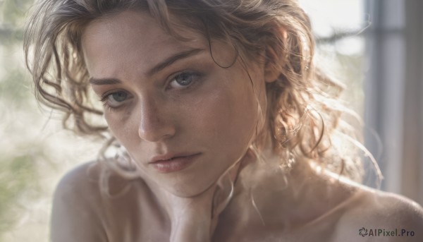 1girl,solo,long hair,looking at viewer,blue eyes,blonde hair,brown hair,closed mouth,collarbone,nude,blurry,lips,wet,grey eyes,window,depth of field,blurry background,wavy hair,portrait,freckles,curly hair,realistic,nose,bare shoulders,jewelry,earrings,eyelashes,expressionless,sunlight,close-up,backlighting