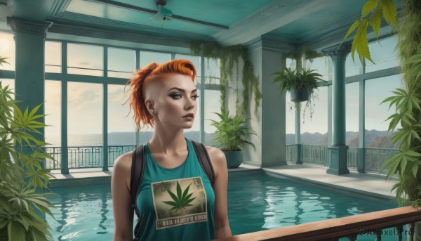 1girl,solo,breasts,looking at viewer,short hair,shirt,bare shoulders,brown eyes,jewelry,collarbone,upper body,ponytail,earrings,parted lips,sleeveless,cloud,indoors,water,bag,orange hair,lips,window,leaf,backpack,tank top,plant,scenery,nose,pool,potted plant,blue eyes,red hair,sky,tree,freckles,realistic