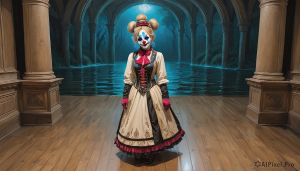 1girl,solo,breasts,looking at viewer,smile,blue eyes,blonde hair,brown hair,gloves,long sleeves,hat,dress,standing,full body,indoors,water,hair bun,tree,ascot,double bun,mask,corset,red gloves,reflection,top hat,wooden floor,pillar,pink gloves,bow,boots,frills,bowtie,black footwear,night,single hair bun,frilled dress,lipstick,column