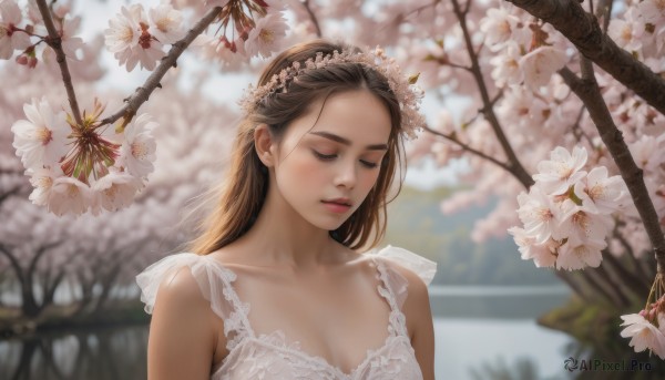 1girl, solo, long hair, breasts, brown hair, hair ornament, dress, collarbone, closed eyes, upper body, flower, parted lips, white dress, blurry, tree, lips, blurry background, cherry blossoms, realistic, branch, head wreath