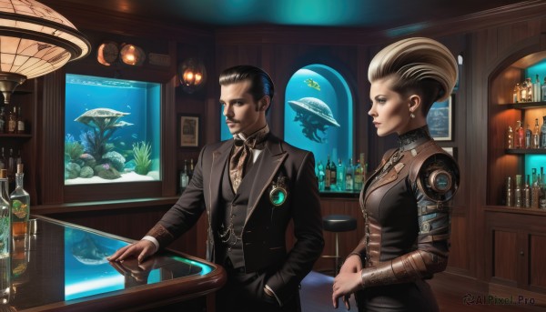 1girl,breasts,short hair,blonde hair,brown hair,black hair,long sleeves,1boy,jewelry,multicolored hair,earrings,necktie,indoors,vest,two-tone hair,facial hair,formal,bottle,suit,alcohol,fish,science fiction,hand in pocket,realistic,mustache,wine bottle,bar (place),counter,bartender,aquarium,cup,tattoo,drinking glass,stool,cyborg,cyberpunk,jellyfish,bar stool