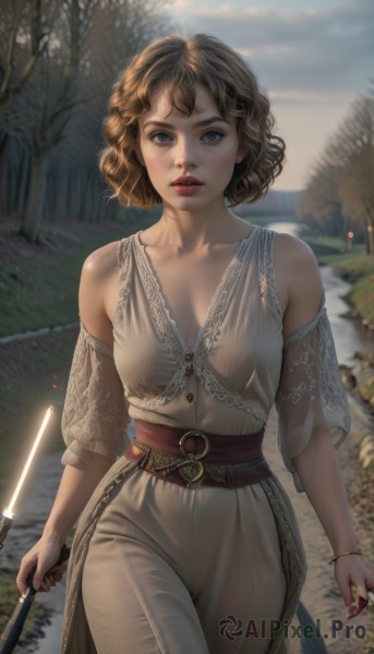 1girl,solo,breasts,looking at viewer,short hair,blue eyes,brown hair,dress,holding,cleavage,bare shoulders,jewelry,medium breasts,standing,collarbone,weapon,cowboy shot,outdoors,parted lips,belt,sword,holding weapon,white dress,blurry,bracelet,tree,lips,blurry background,ring,nature,curly hair,realistic,detached sleeves,sky,pants,see-through,blouse,red lips,lake