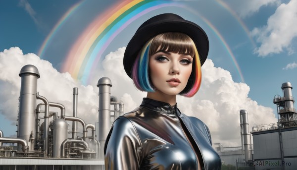 1girl,solo,breasts,looking at viewer,short hair,bangs,blue eyes,brown hair,hat,medium breasts,blue hair,upper body,multicolored hair,outdoors,parted lips,sky,day,cloud,blunt bangs,collar,blue sky,lips,streaked hair,black headwear,bodysuit,makeup,bob cut,cloudy sky,lipstick,nose,leather,rainbow,latex,rainbow hair,brown eyes,two-tone hair,zipper,realistic,black bodysuit,latex bodysuit