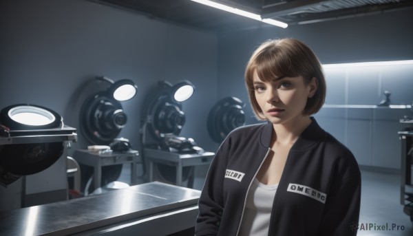 1girl,solo,breasts,looking at viewer,short hair,bangs,brown hair,shirt,gloves,cleavage,brown eyes,medium breasts,jacket,white shirt,upper body,parted lips,open clothes,black gloves,indoors,open jacket,lips,black jacket,mask,bob cut,realistic,blue eyes,nose,gym