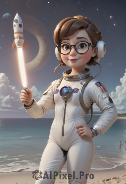 1girl,solo,breasts,looking at viewer,blush,smile,short hair,blue eyes,brown hair,holding,closed mouth,standing,weapon,braid,small breasts,outdoors,sky,glasses,solo focus,artist name,cloud,water,lips,hand on hip,bodysuit,night,ocean,beach,moon,star (sky),night sky,starry sky,science fiction,black-framed eyewear,realistic,nose,round eyewear,sand,horizon,space,crescent moon,white bodysuit,planet,american flag,spacecraft,spacesuit,space helmet,astronaut,lightsaber,sword,signature,thick eyebrows,headset,freckles,wand,waves,energy sword,shore