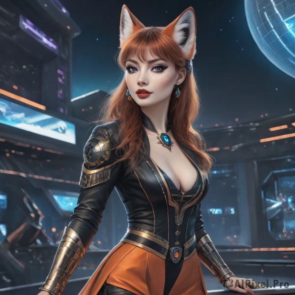 1girl,solo,long hair,breasts,looking at viewer,bangs,blue eyes,large breasts,brown hair,animal ears,cleavage,jewelry,medium breasts,jacket,pantyhose,cowboy shot,earrings,parted lips,artist name,cat ears,necklace,orange hair,armor,mole,lips,fox ears,mole under eye,makeup,night,lipstick,brooch,fox girl,gem,eyeshadow,freckles,science fiction,realistic,nose,red lips,space,planet,long sleeves,red hair,shorts,belt,nail polish,bodysuit,arm support,facial mark