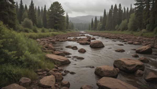 outdoors,sky,day,cloud,water,tree,no humans,cloudy sky,grass,nature,scenery,forest,rock,mountain,bush,river,landscape,stone,grey sky