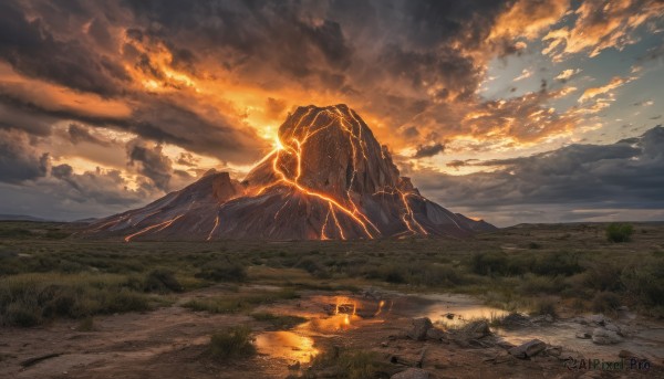 outdoors,sky,cloud,water,no humans,glowing,cloudy sky,grass,scenery,reflection,sunset,rock,mountain,fantasy,electricity,river,lightning,landscape,mountainous horizon,molten rock,ground vehicle,motor vehicle,road