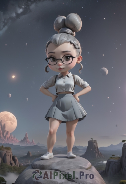 1girl,solo,looking at viewer,smile,skirt,shirt,hair ornament,brown eyes,closed mouth,standing,full body,white shirt,grey hair,pleated skirt,outdoors,sky,shoes,glasses,collared shirt,artist name,hair bun,black eyes,vest,lips,night,moon,single hair bun,white footwear,thick eyebrows,wing collar,sneakers,child,star (sky),night sky,grey shirt,full moon,grey skirt,sleeves rolled up,starry sky,black-framed eyewear,hands on hips,rock,mountain,round eyewear,female child,grey footwear,grey vest,short hair,multicolored hair,two-tone hair