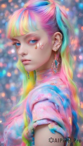 1girl,solo,long hair,breasts,looking at viewer,bangs,blue eyes,blonde hair,shirt,jewelry,medium breasts,closed mouth,blue hair,upper body,pink hair,short sleeves,heart,multicolored hair,earrings,puffy sleeves,blunt bangs,blurry,from side,two-tone hair,puffy short sleeves,lips,streaked hair,looking to the side,eyelashes,aqua hair,gradient hair,makeup,depth of field,blurry background,facial mark,expressionless,piercing,gem,ear piercing,eyeshadow,pink shirt,pink lips,realistic,nose,eyeliner,bokeh,colorful,mascara,rainbow hair,green hair,artist name,torn clothes,facepaint