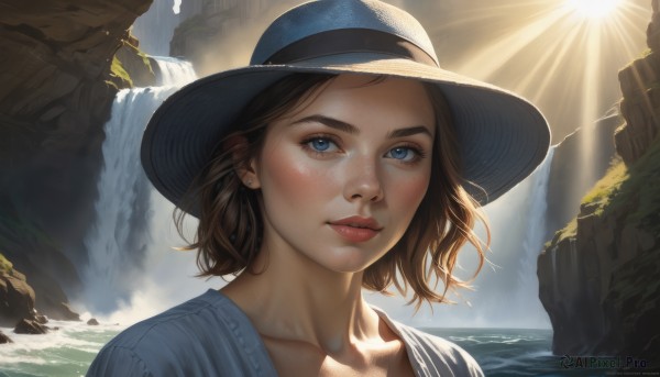 1girl,solo,looking at viewer,short hair,blue eyes,brown hair,shirt,hat,jewelry,collarbone,earrings,outdoors,parted lips,day,signature,water,lips,sunlight,portrait,freckles,sun hat,light rays,realistic,nose,sun,stud earrings,waterfall,blush,closed mouth,upper body,sky,eyelashes,ocean,thick eyebrows,blue shirt,backlighting,cliff