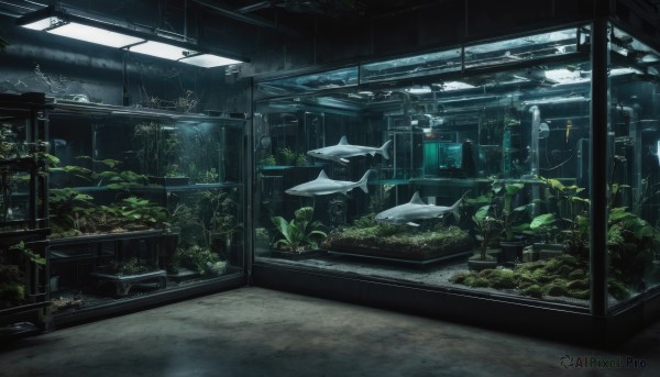 indoors,tree,no humans,window,plant,scenery,fish,ruins,overgrown,animal,leaf,rain,underwater,shark,whale,ceiling light