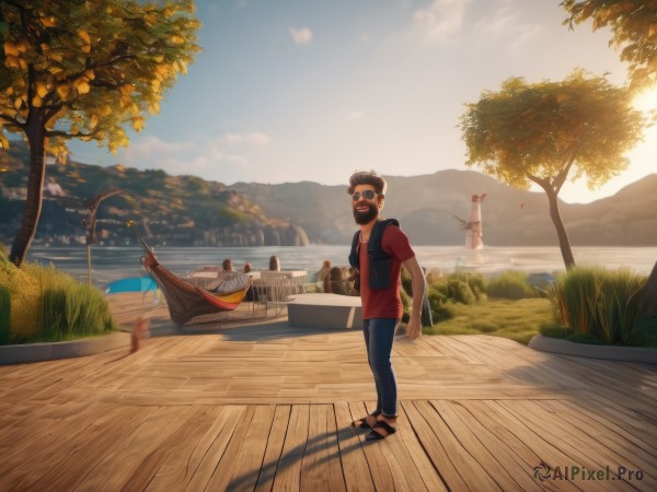 solo,smile,short hair,brown hair,shirt,black hair,1boy,hat,standing,short sleeves,male focus,outdoors,sky,day,pants,water,bag,vest,tree,facial hair,ocean,sandals,sunglasses,grass,denim,red shirt,scenery,beard,jeans,mountain,mustache,watercraft,bridge,river,ship,boat,lake,pier,dock,1girl,open mouth,jacket,multiple boys,solo focus,cloud,blue sky,shadow,building,eyewear on head,walking,blue pants