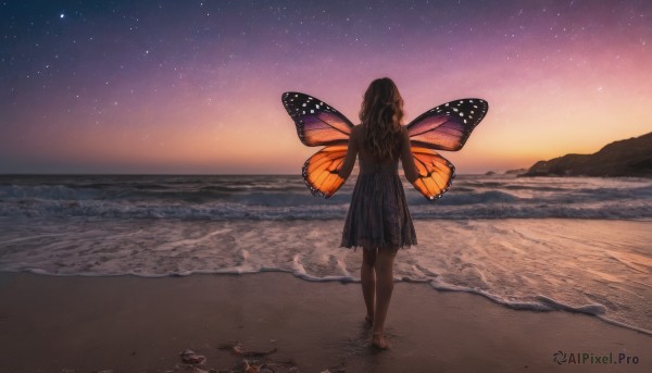 1girl, solo, long hair, skirt, dress, standing, outdoors, wings, sky, barefoot, water, from behind, night, ocean, beach, star (sky), night sky, scenery, starry sky, sunset, sand, horizon, facing away, butterfly wings, footprints