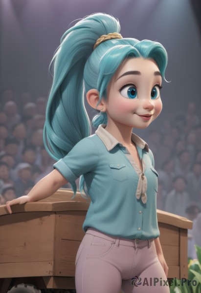 1girl,solo,long hair,blush,smile,open mouth,blue eyes,shirt,jewelry,blue hair,ponytail,short sleeves,thighs,earrings,solo focus,pants,lips,scrunchie,high ponytail,blue shirt,denim,child,forehead,pocket,jeans,white pants,leaning back,female child,crowd,breasts,bangs,hair ornament,standing,collarbone,cowboy shot,parted lips,teeth,collared shirt,artist name,blurry,eyelashes,aqua hair,buttons,blurry background,looking away,aged down,hair scrunchie,zipper,stud earrings,breast pocket,partially unzipped,aqua shirt