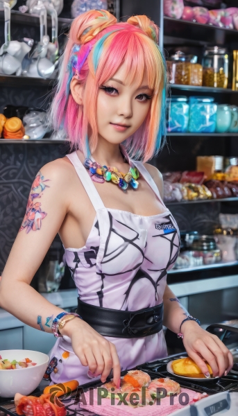 1girl,solo,breasts,looking at viewer,smile,short hair,bangs,blonde hair,hair ornament,dress,cleavage,bare shoulders,brown eyes,jewelry,medium breasts,pink hair,multicolored hair,parted lips,food,sleeveless,belt,indoors,medium hair,necklace,nail polish,blurry,apron,bracelet,two-tone hair,lips,streaked hair,tattoo,knife,pink nails,plate,realistic,arm tattoo,naked apron,egg,cooking,kitchen,frying pan,spatula,shrimp,stove,closed mouth,upper body,hairband,artist name,bra,black eyes,watermark,ring,bottle,web address,bowl,carrot,kitchen knife,cutting board,onion