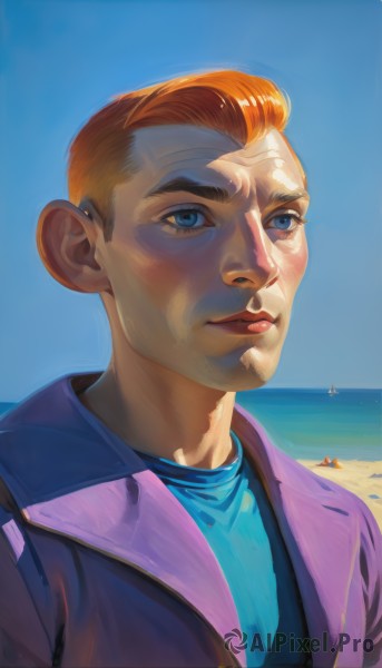 solo,looking at viewer,short hair,blue eyes,shirt,1boy,closed mouth,jacket,upper body,male focus,outdoors,sky,day,water,orange hair,blue sky,lips,facial hair,ocean,beach,blue shirt,portrait,realistic,nose,sand,purple jacket,animification,smile,solo focus,cloud,signature,purple shirt