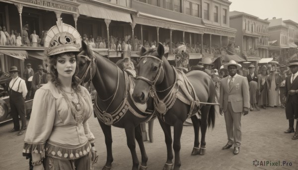 1girl,long hair,breasts,looking at viewer,multiple girls,shirt,long sleeves,hat,holding,jewelry,standing,jacket,monochrome,braid,greyscale,outdoors,parted lips,multiple boys,necktie,solo focus,pants,necklace,twin braids,bracelet,chain,6+girls,animal,formal,helmet,bottle,suit,building,faceless,6+boys,road,riding,sepia,horse,crowd,horseback riding,people,gloves,dress,weapon,street