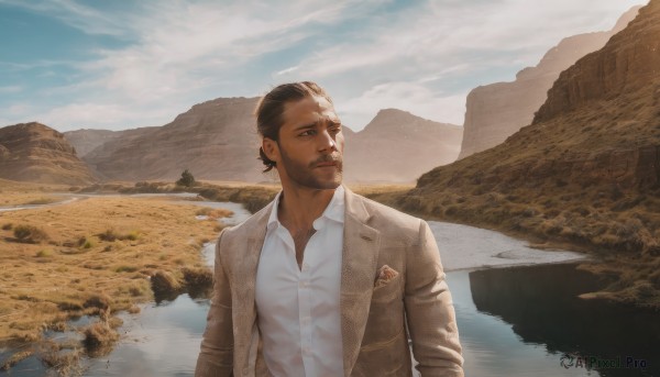 solo,short hair,shirt,black hair,1boy,jacket,white shirt,upper body,male focus,outdoors,open clothes,sky,day,collared shirt,cloud,dark skin,water,open jacket,looking to the side,facial hair,scar,dark-skinned male,scenery,beard,scar on face,reflection,brown jacket,mountain,mature male,realistic,stubble,very short hair,leather,river,leather jacket,brown hair,brown eyes,closed mouth,blue sky,dress shirt,sunlight,cloudy sky,desert