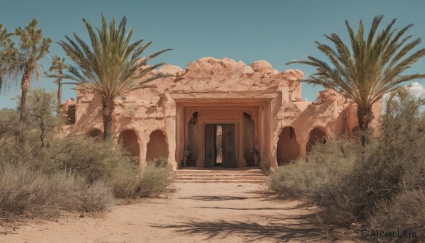 outdoors,sky,day,cloud,tree,blue sky,no humans,window,shadow,grass,plant,building,scenery,sand,palm tree,door,bush,ruins,desert,rock,arch