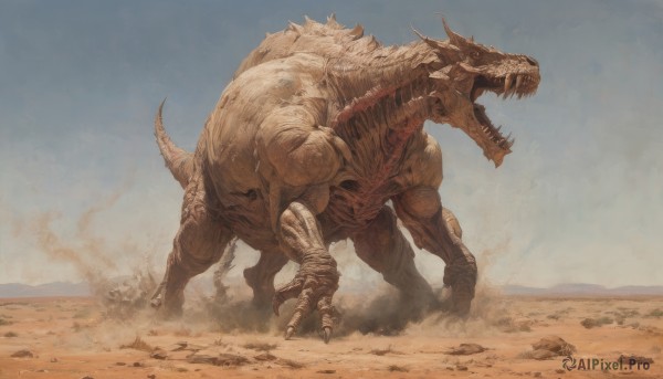 solo,open mouth,tail,outdoors,horns,sky,teeth,day,blue sky,no humans,fangs,sharp teeth,claws,spikes,monster,realistic,sand,desert,dust,dinosaur,kaijuu,smoke