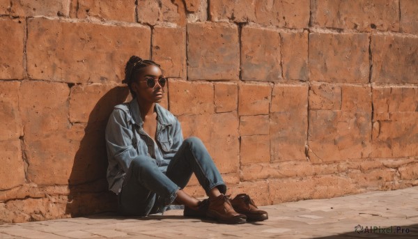 solo,shirt,black hair,1boy,sitting,male focus,open clothes,shoes,pants,dark skin,open shirt,sunglasses,dark-skinned male,denim,jeans,realistic,against wall,wall,brick wall,facial hair