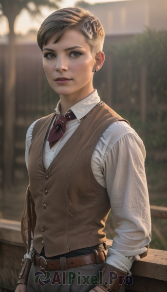 1girl,solo,looking at viewer,short hair,brown hair,shirt,hair ornament,gloves,long sleeves,1boy,brown eyes,jewelry,closed mouth,standing,white shirt,male focus,earrings,outdoors,necktie,collared shirt,belt,pants,blurry,vest,lips,blurry background,piercing,ear piercing,androgynous,brown gloves,freckles,realistic,nose,stud earrings,very short hair,waistcoat,brown vest,leather gloves,weapon,cowboy shot,striped,gun,ascot,dress shirt,makeup,buttons,lipstick,brown belt,brown pants,undercut