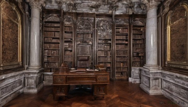 indoors,book,no humans,window,chair,table,scenery,wooden floor,stairs,door,bookshelf,candle,pillar,book stack,library,candlestand,chandelier,architecture,carpet,column