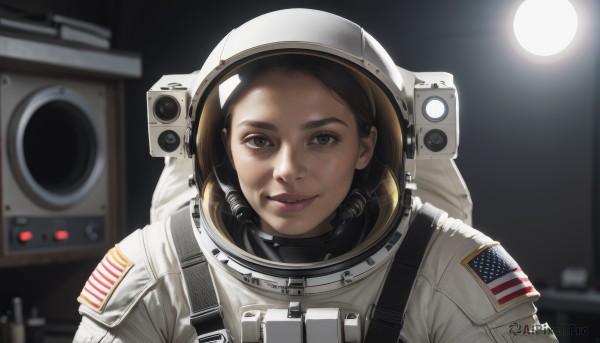 1girl,solo,looking at viewer,smile,short hair,blue eyes,brown hair,brown eyes,closed mouth,upper body,indoors,blurry,black eyes,lips,blurry background,helmet,portrait,reflection,realistic,american flag,spacesuit,japanese flag,space helmet,astronaut,black hair,parted lips,moon,thick eyebrows,forehead,full moon,nose,flag,straight-on,planet,american flag print