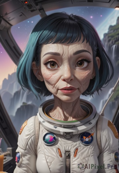 1girl,solo,breasts,looking at viewer,short hair,black hair,brown eyes,jewelry,blue hair,upper body,earrings,parted lips,lips,zipper,freckles,science fiction,realistic,space,planet,spacesuit,astronaut,bangs,eyelashes,nose,dirty,dirty face