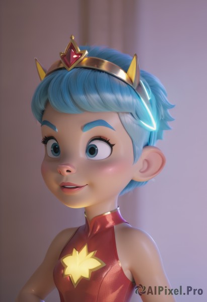 1girl,solo,breasts,blush,smile,short hair,bangs,blue eyes,dress,bare shoulders,blue hair,upper body,hairband,small breasts,parted lips,teeth,sleeveless,shiny,artist name,blurry,shiny hair,lips,shiny skin,eyelashes,blurry background,tiara,crown,child,freckles,female child,humanization,open mouth,animal ears,fake animal ears