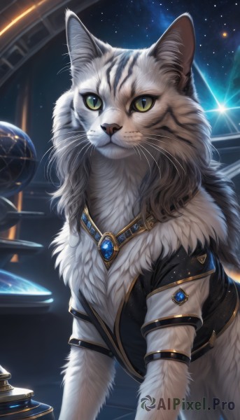 solo,looking at viewer,jewelry,closed mouth,green eyes,short sleeves,sky,signature,no humans,animal,cat,slit pupils,brooch,gem,star (sky),starry sky,colored sclera,space,animal focus,white fur,planet,yellow sclera,whiskers,blue gemstone,green sclera,necklace,realistic