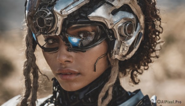 1girl,solo,looking at viewer,brown hair,brown eyes,braid,parted lips,dark skin,blurry,dark-skinned female,lips,eyelashes,blurry background,helmet,goggles,portrait,science fiction,curly hair,goggles on head,realistic,nose,very dark skin,dreadlocks,short hair,black hair,headgear,close-up