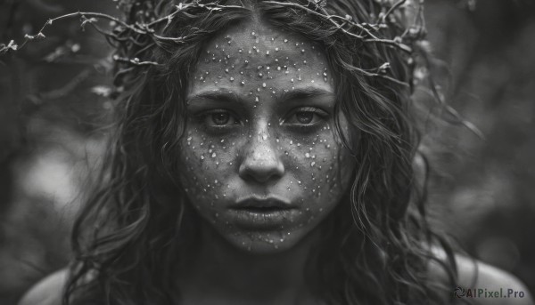 1girl,solo,long hair,looking at viewer,closed mouth,monochrome,greyscale,parted lips,artist name,blurry,lips,depth of field,blurry background,portrait,freckles,realistic,nose,hair ornament,eyelashes,branch