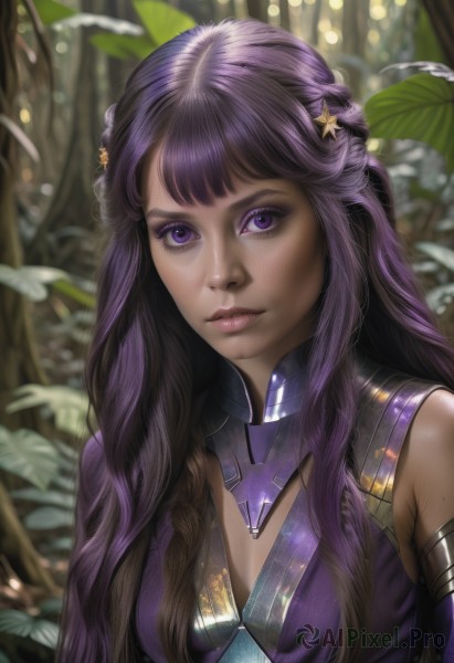 1girl,solo,long hair,breasts,looking at viewer,bangs,hair ornament,dress,closed mouth,purple eyes,upper body,purple hair,braid,outdoors,detached sleeves,artist name,star (symbol),blurry,tree,lips,clothing cutout,eyelashes,makeup,blurry background,leaf,watermark,nature,web address,purple dress,forest,star hair ornament,realistic,nose,medium breasts,shiny