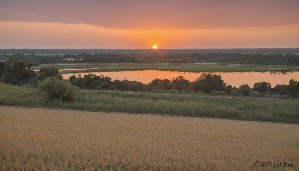 outdoors,sky,cloud,water,tree,no humans,grass,nature,scenery,forest,sunset,sun,horizon,road,bush,field,river,evening,landscape,orange sky,hill,ocean,beach,house,shore