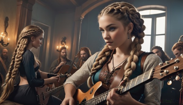 long hair,breasts,blue eyes,multiple girls,blonde hair,brown hair,shirt,long sleeves,dress,holding,2girls,jewelry,medium breasts,sitting,very long hair,braid,earrings,parted lips,multiple boys,solo focus,midriff,indoors,3girls,necklace,twin braids,lips,eyelashes,window,makeup,facial hair,looking away,ring,3boys,fire,instrument,beard,faceless,6+boys,4boys,faceless male,realistic,nose,music,guitar,red lips,candle,bald,singing,playing instrument,holding instrument,hair pulled back,electric guitar,drum,candlestand,plectrum,lute (instrument),multiple braids,1girl,skirt,collarbone,signature,black skirt,looking at another,vest,bracelet,crop top,profile,siblings,sunlight,backlighting,mustache,mascara