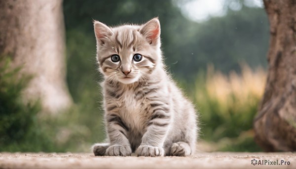 solo,looking at viewer,blue eyes,sitting,closed mouth,full body,outdoors,day,blurry,tree,no humans,depth of field,blurry background,animal,cat,nature,forest,realistic,animal focus,whiskers,signature