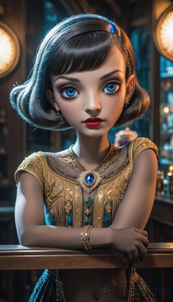 1girl,solo,looking at viewer,short hair,bangs,blue eyes,black hair,hair ornament,dress,navel,jewelry,closed mouth,standing,upper body,short sleeves,hairband,earrings,midriff,shiny,artist name,indoors,dark skin,necklace,stomach,nail polish,blurry,bracelet,dark-skinned female,lips,looking to the side,eyelashes,window,makeup,depth of field,blurry background,swept bangs,watermark,looking away,piercing,crossed arms,lipstick,gem,eyeshadow,realistic,nose,railing,red lips,eyeliner,looking afar,blue gemstone,mascara,arabian clothes,breasts,brown hair,parted lips,bag,night,sleeveless dress,ring,black nails,backlighting,handbag,gold