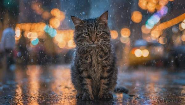 A cat captured beautifully in a dynamic rainy outdoors