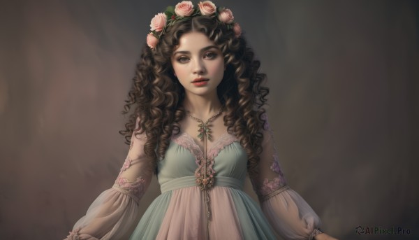 1girl,solo,long hair,breasts,looking at viewer,brown hair,hair ornament,long sleeves,dress,brown eyes,jewelry,upper body,flower,hair flower,necklace,lips,see-through,makeup,rose,wavy hair,lipstick,pink flower,curly hair,realistic,pink rose,simple background,grey background,cross