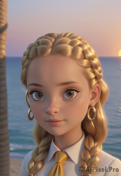 1girl,solo,long hair,looking at viewer,smile,blonde hair,shirt,brown eyes,jewelry,closed mouth,white shirt,upper body,braid,earrings,outdoors,necktie,sky,collared shirt,artist name,water,blurry,twin braids,tree,lips,eyelashes,depth of field,blurry background,ocean,watermark,beach,portrait,hair over shoulder,forehead,freckles,sunset,hoop earrings,realistic,nose,palm tree,sun,horizon,yellow necktie,hair pulled back,multiple braids,thick eyebrows,light smile,backlighting,yellow neckerchief