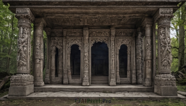 outdoors,sky,day,tree,dutch angle,no humans,sunlight,grass,plant,nature,scenery,forest,stairs,architecture,ruins,pillar,statue,arch,column,leaf,moss,overgrown