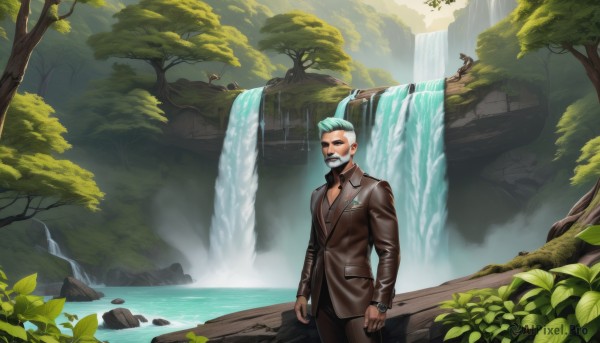 solo,looking at viewer,short hair,shirt,long sleeves,1boy,blue hair,standing,jacket,white hair,male focus,outdoors,day,collared shirt,pants,water,black eyes,tree,aqua hair,facial hair,leaf,black pants,formal,suit,plant,nature,scenery,beard,forest,brown jacket,mustache,arms at sides,waterfall,grey hair,black jacket,rock,leather,hair slicked back,old man,black suit,cliff