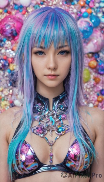 1girl,solo,long hair,breasts,looking at viewer,bangs,blue eyes,bare shoulders,jewelry,medium breasts,closed mouth,blue hair,swimsuit,upper body,bikini,multicolored hair,small breasts,necklace,bra,blurry,lips,gem,freckles,realistic,purple hair,eyelashes,gradient hair,expressionless,bikini top only