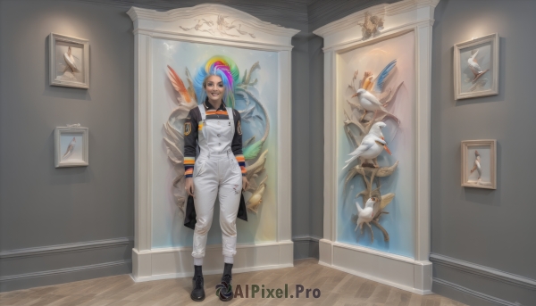 solo,looking at viewer,smile,short hair,brown hair,shirt,long sleeves,1boy,standing,jacket,full body,male focus,multicolored hair,boots,pants,indoors,dark skin,black footwear,black jacket,facial hair,bird,beard,personification,mustache,overalls,rainbow,painting (object),rainbow hair,parrot,1girl,long hair,blue hair,green hair,alternate costume,wooden floor,realistic,door