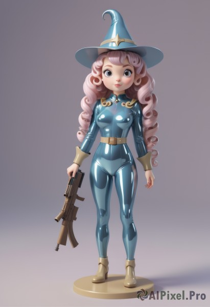 1girl,solo,long hair,breasts,looking at viewer,blue eyes,simple background,hat,holding,medium breasts,standing,full body,weapon,pink hair,belt,holding weapon,gun,bodysuit,witch hat,drill hair,holding gun,skin tight,rifle,blue headwear,curly hair,shiny clothes,assault rifle,latex,blue bodysuit,latex bodysuit,smile,brown hair,small breasts,boots,shiny,covered nipples,lips,covered navel,cameltoe